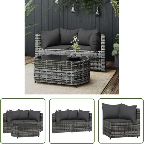 The Living Store 3-tlg. Garten-Lounge-Set mit Kissen Grau Poly Rattan - Gartenmöbel - Loungemöbel - Outdoor Möbel - Esszimmergarnitur - Balkonmöbeln (1/5)
