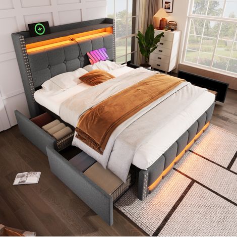 Letto matrimoniale imbottito 160x200 cm grigio in lino con LED, USB, testiera con ripiani e 4 cassetti (1/5)
