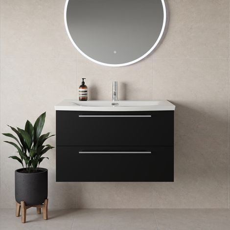 Napoli 390 Matt Black 800mm Wall Mounted 2 Drawer Vanity Unit with Arc Basin - 800mm - Chrome 480mm Handle