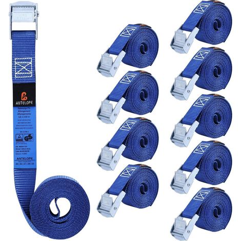 Sangles d'arrimage 10 pièces avec boucle à cliquet, 25mm x 2,5m, Bleu, certifié TÜV/GS
