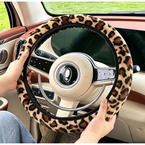 Couvre Volant Voiture Motif Léopard, Protege Volant Voiture en Peluche Douce, Chaude et Antidérapante, Housse Volant Leopard,38 cm (1/5)