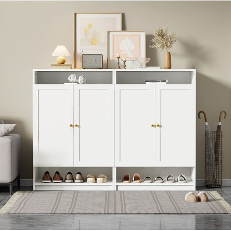 Schuhschrank mit verstellbaren Einlegeböden, 2 Türen, weiß, 146 x 34 x 109 cm OKMYHOME (1/5)