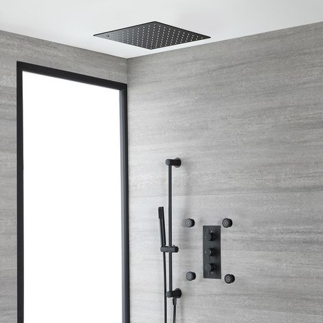 Milano Nero 3 Outlet Triple Diverter Thermostatic Mixer Shower Valve with Ceiling Mounted Recessed Rainfall Shower Head Hand Shower Handset Slide Riser Rail Kit and Body Jets - Black
