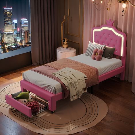 Einzelbett 90 x 200 cm, Kopfteil mit Prinzessinnenkrone, Kinderbett mit LED-Beleuchtung und 1 Schublade, Lattenrost, skandinavischer Stil, Kunstleder, Rose (1/5)