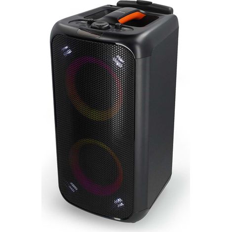 Altavoz de fiesta bluetooth maximo tiempo de bateria 5 horas 240 w asa de transporte luces de fiesta ecualizador naranja negro