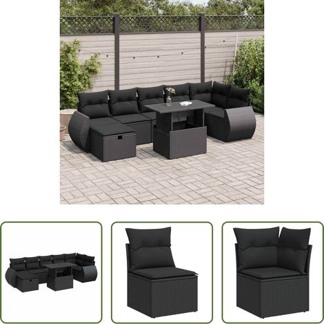 Gartentisch - 8-tlg. Garten-Sofagarnitur mit Kissen Schwarz Poly Rattan (1/5)