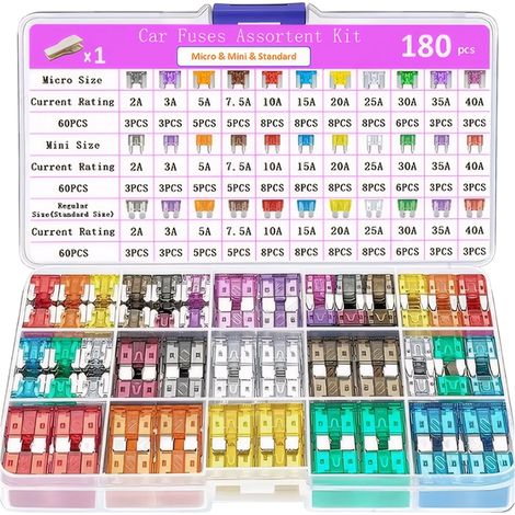 180 pièces de sécurité automobile, 60 mini-absorptions automatiques + 60 mini-absorptions de linge + 60 normes + 1 sécurité de sécurité - pour véhicules motorisés/véhicules motorisés (2A 3A 5A 7.5A 10
