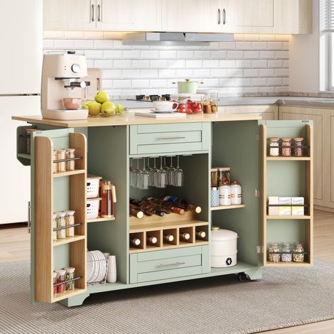 Chariot de cuisine îlot sur roulettes vert, plan rabattable, casier vin, porte‑verres, rangements, 120x45‑70x92 cm, multifonction (1/5)