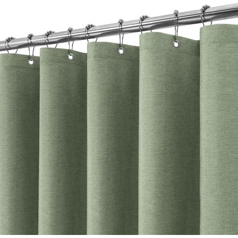 Rideau de Douche Lin avec Anneaux en Métal Imperméable Anti-Moisissures Polyester Tissu Rideau Salle de Bain Lourd pour Baignoire Cabine de Douche 152x182CM (Gris Vert) (1/5)