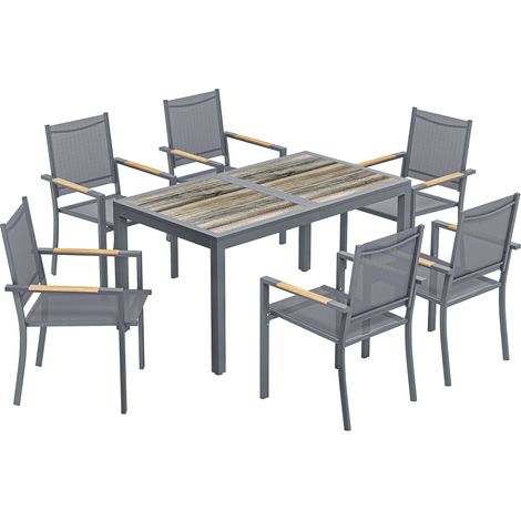 Salon de jardin 7 pièces, table effet bois 140x80x72cm gris, 6 chaises empilables en textilène (1/5)