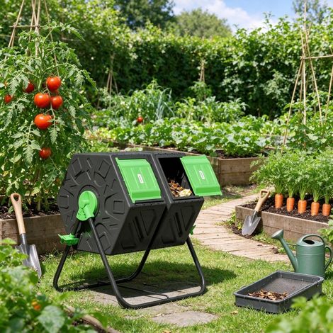 130L Double Compartiment Composteur Rotatif de Jardin pour Déchets Végétaux et Cuisine Rotation 360° (1/5)