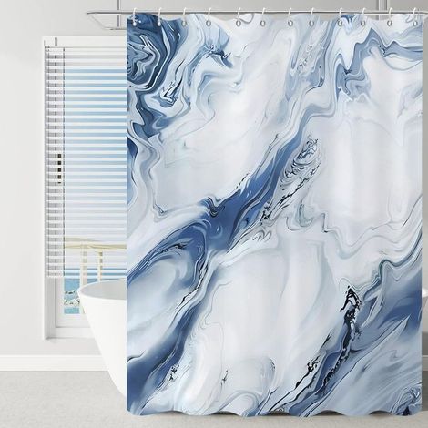 Rideau de douche 180x180 cm, motif marbre effet encre de Chine dégradé art abstrait moderne, tissu imperméable lavable en machine, crochets inclus, bleu (1/5)