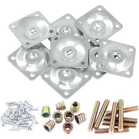 Lot de 8 plaques de montage argentées pour pieds de meubles 8 plaques de fixation pour pieds avec 40 boulons de suspension de 5/16" pour meubles canapés sièges