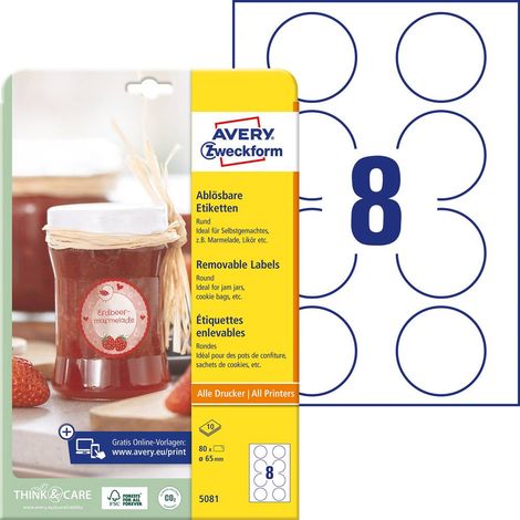 Avery-Zweckform 5081 Etiquette universelles Ø 65 mm papier blanc 80 pc(s) décollable imprimante laser couleur, impriman (1/4)