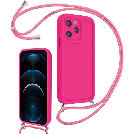 Coque pour iPhone 12 Pro Max 6,7" avec Cordon de Collier Réglable, Etui Protection de la Caméra Silicone Souple TPU Antichoc Housse avec Corde Lanyard Cover pour Femmes Filles, Rose Rouge (1/5)
