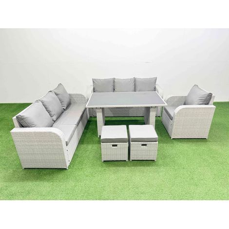 Fimous Rattan Garden Furniture Dining Set 9-seater Patio Rectangular Table Sofa Set with 2 Small Stools Light Grey (1/4)