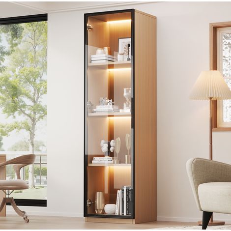 Vitrine étroite en MDF aspect chêne, 40 x 40 x 165 cm, porte en verre trempé, LED multicolore (1/5)