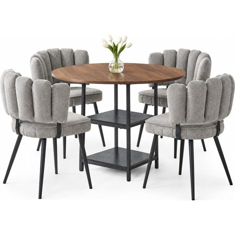 ELVMI Esstisch-Set mit 1 Rundem Tisch und 4 Stühlen, MDF, Metall und Stoff, Nussbaum, Grau und Schwarz (1/5)