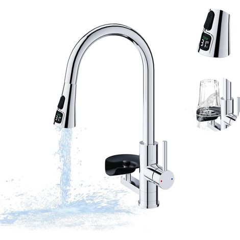Robinet de Cuisine avec Lave-Verres, Mitigeur Cuisine Douchette Extensible 3 Modes, Affichage LED de la température de l'eau, 360°, Rotatif Acier Inoxydable 304 Brossé, Robinet Évier Multifonction