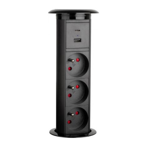 Prise encastrable verticale rond 3x 230V 2x USB A & C Noir