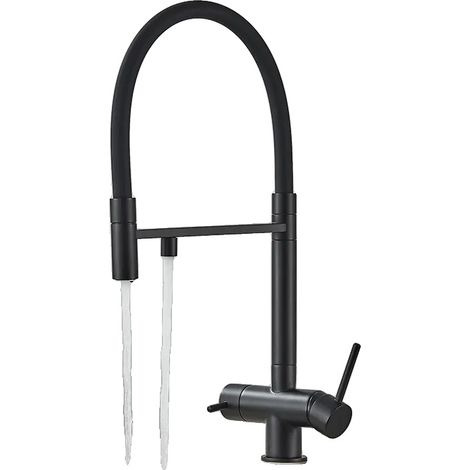 Grifo de cocina, doble manija, caño extraíble, negro. (1/2)