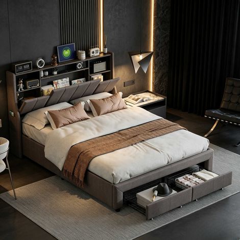 Letto matrimoniale 140x200 cm – Letto per adulti – Testiera con contenitore – 2 cassetti – Luce LED RGB – Porte USB e elettriche – Rete a doghe – Lino grigio (1/5)