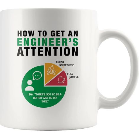 Tazza da caffè umoristica "Come attirare l'attenzione di un ingegnere" per ingegneri, fidanzati, mariti, studenti, figli, figlie, colleghi, papà, mamme, mogli, fidanzate, realizzata in ceramica bianca (1/5)