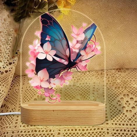 Veilleuse en forme d'arc avec papillon bleu et fleurs roses Lampe LED 7 couleurs Décoration chambre enfant Cadeau baby shower (1/5)