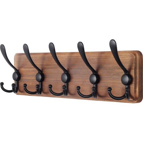Porte Manteau Mural Bois Brun, Le Style Rustique, 44cm Longue,Grand Porte-manteau Mural avec 5 Crochets Triples Pour suspendre (1/5)