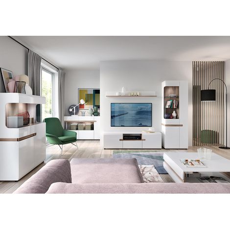 Wohnzimmer Möbel Set mit Beleuchtung in modernem Design, weiß Hochglanz mit Trüffel Eiche Nb., LEGNICA-129 (1/5)
