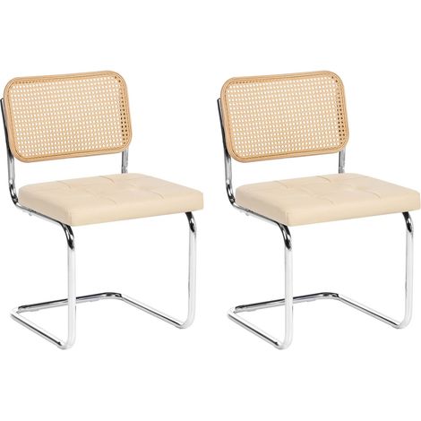 Set of 2 Dining Chairs Light Beige Faux Leather Embossed Cantilever Metal Base Vintage Retro Style ETHETE (1/5)