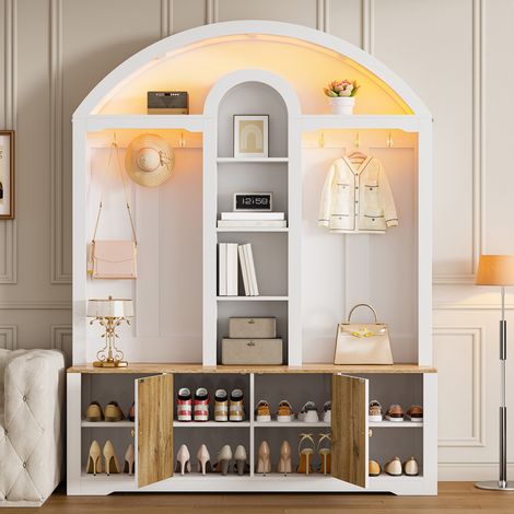 Armadio guardaroba 150x40x195 cm bianco in MDF con ante, ripiani aperti, ganci e luce LED USB (1/5)
