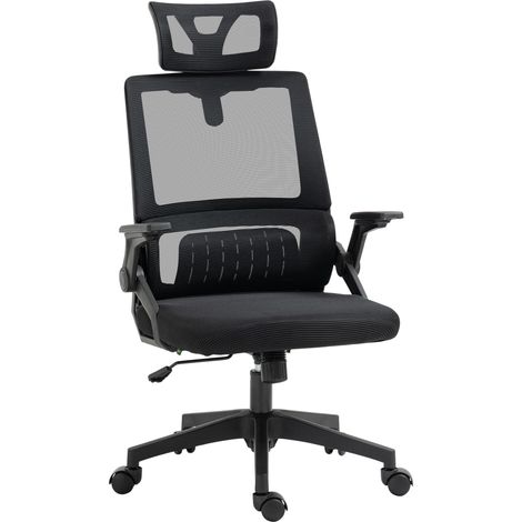 Sedia da ufficio ergonomica nera in rete con poggiatesta, braccioli e funzione dondolo (1/4)