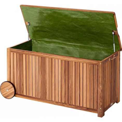 Coffre de rangement de jardin en bois d’acacia 350L, design lattes, 2 roues, poignées intégrées, bâche intérieure, charge max couvercle 160kg, malle de stockage extérieur 117x52x58,5cm (1/4)