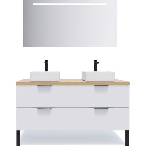 Meuble de salle de bain suspendu 2 vasques à poser 140cm 4 tiroirs Blanc + miroir - Soho (1/5)