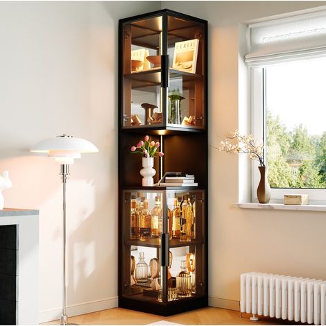 Vitrina LED de 205 cm con doble puerta de cristal, fondo espejado y nicho abierto, negro OKMYHOME (1/5)