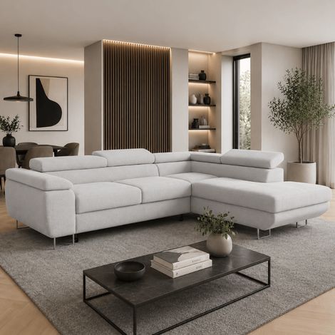 ANTONI - Canapé d'angle convertible en tissu avec têtières réglables - 4 places - 270 CM - Gris (1/5)