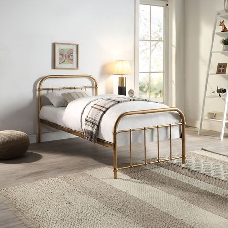 TEWIN TRADITIONAL HOSPITAL STYLE ANTIQUE BRASS METAL BED FRAME - SINGLE (1/5)