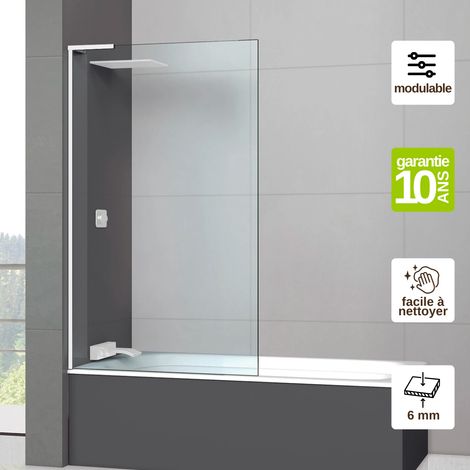 Pare-baignoire Fixe en Verre Trempé 6 mm Transparent Anti-calcaire - L100H147 cm - profilé blanc brillant - Mont Blanc E SUPERBAN (1/4)