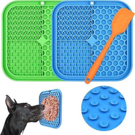 Tapis de Leche Chien, 3Pcs Tapis Léchage Chien avec Ventouse& Zone de Lait(Leche Chien Vert+ Tapis à Lécher Chat Bleu+ Spatule )pour Friandises/Aliments (Antidérapant, Silicone, Sans BPA) Oi-FRIS