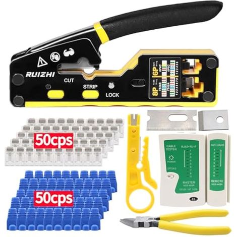 Kit de pince à sertir RJ45 avec 50 connecteurs Cat6, protection anti-pincement, testeur de câbles réseau, pince à sertir pour CAT5/CAT6/CAT7 (1/5)