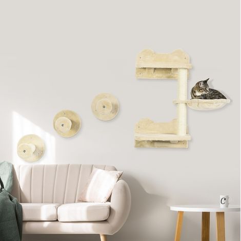 Albero tiragraffi da parete 4 pezzi con amaca, tiragraffi e gradini beige DESVIAE (1/5)