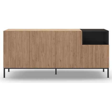 Buffet, commode rectangulaire avec 4 portes aspect bois coloris naturel, noir et pieds en métal coloris noir - Longueur 180 x Profondeur 40 x Hauteur 80 cm (1/5)