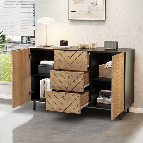 Buffet 3 tiroirs et 2 portes, 120x40x76 cm, grand rangement, en panneaux de particules, décor bois naturel et noir mat (1/5)