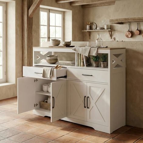 Buffet blanc en bois, buffet bahut de rangement spacieux, 2 tiroirs 4 portes et étagère ouverte, style scandinave moderne, blanc et plateau effet bois