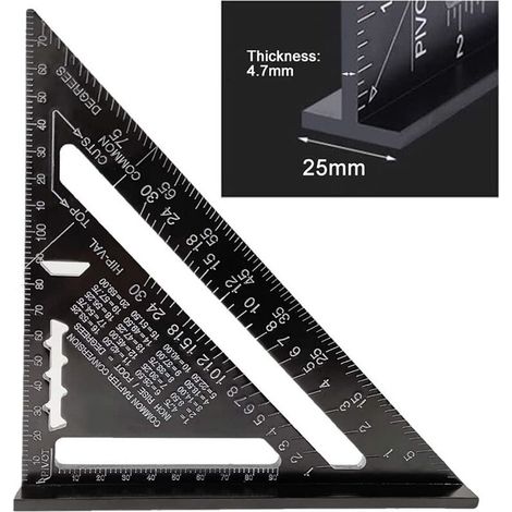17cm Rapporteur Triangle Alliage d'Aluminium Équerre Charpentier Triangle Metrique Professionnel Menuiserie Règle d'Angle Règle Triangulaire avec Rapporteur Outil de Mesure Noir (1/5)
