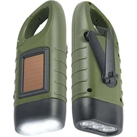 Lot de 2 Lampes Torches Solaires et à Manivelle - Rechargeable Dynamo d'Urgence avec Mousqueton pour Randonnée, Camping, Voyage (1/5)