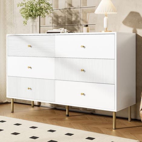 Commode 6 tiroirs moderne 120x40x78 cm, blanche, MDF, pieds acier, FloraGrace (1/5)
