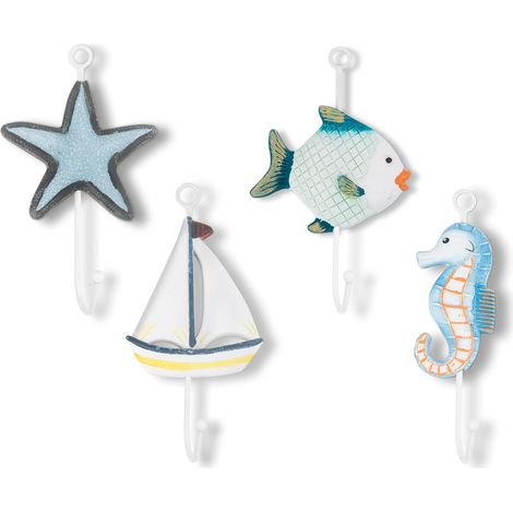 Lot de 4 crochets nautiques pour serviette de plage, salle de bain, décoration côtière, étoile de mer, voilier, poisson, hippocampe et porte-manteau pour vêtements, clés, sac à main (1/5)