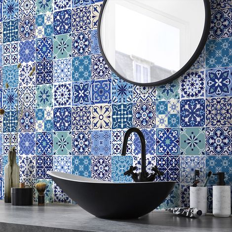 Sticker Mural Carrelage adhésif Cuisine Salle de Bain - 24 STICKERS CARREAUX DE CIMENT PHILIPA - 24stickers15x15cm (1/5)
